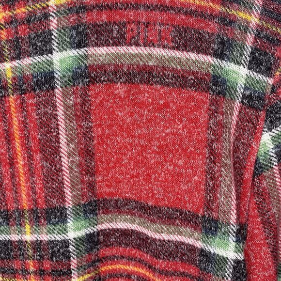 VICTORIAS SECRET PINK Pajama Top Lounge Red Plaid Gold Dog Logo Womens S Cozy - Picture 3 of 6